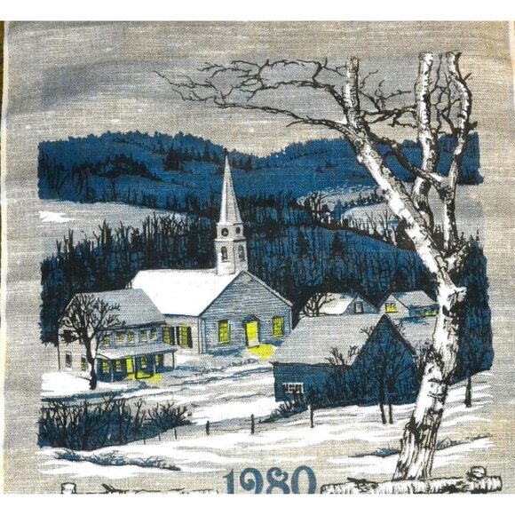 Calendar Towel 1980 Vintage Rural Scene Night Winter Church Kitchen Decor - Picture 2 of 5